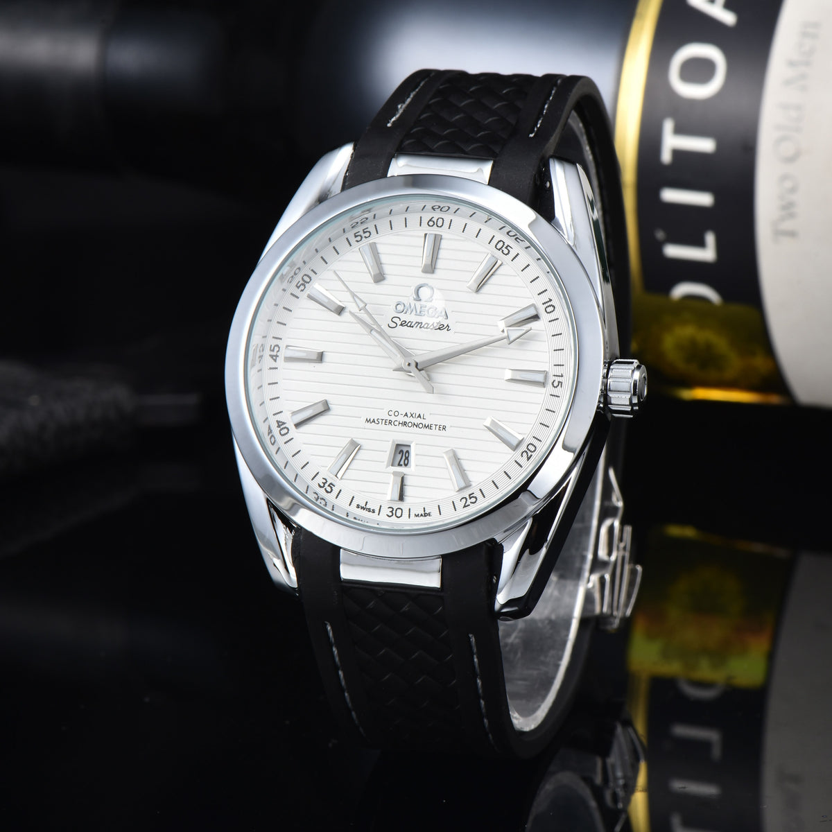 Omega Seamaster White Dial Watch with Black Rubber Strap