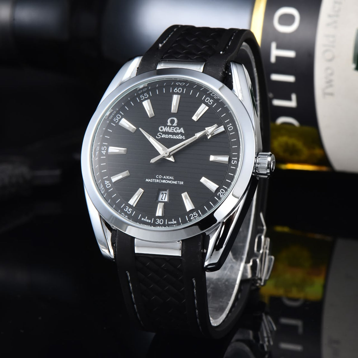Omega Seamaster Black Dial Watch with Black Strap