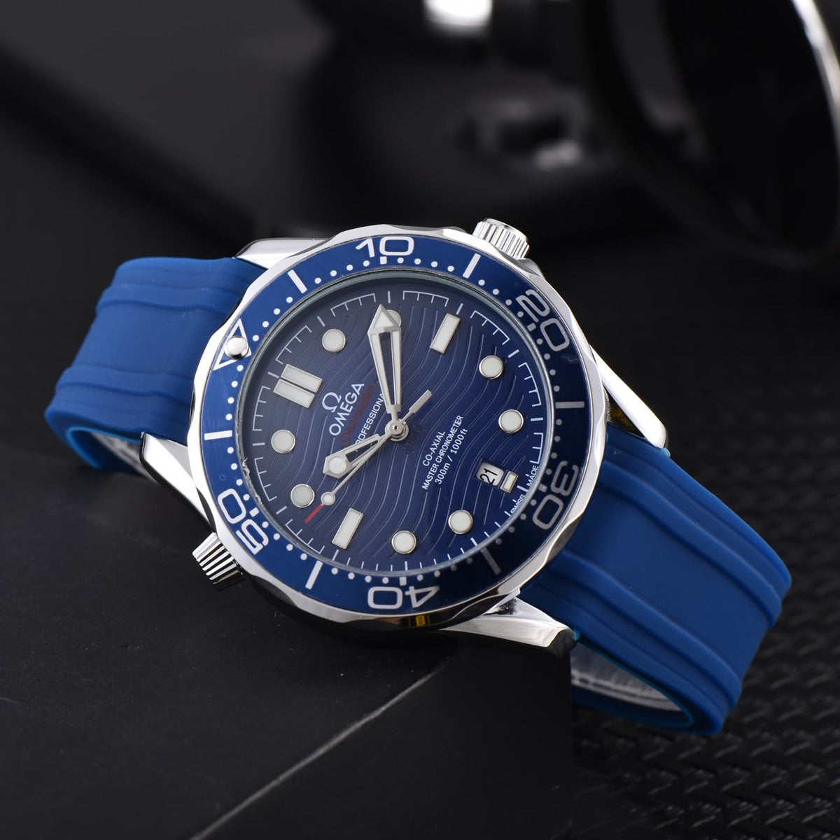 Omega Seamaster Blue Dial Watch with Blue Rubber Strap
